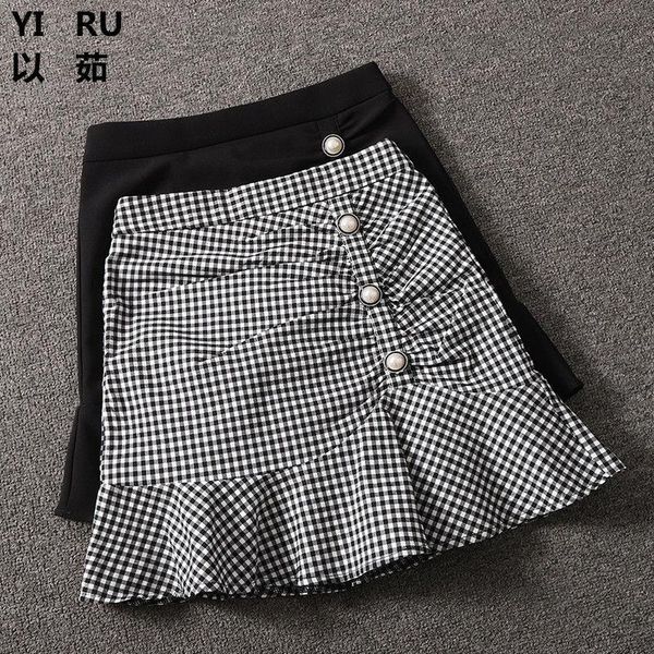 

skirts a-line high waist skirt pleated plaid korean empire mini casual elegant lady ruffles vintage single breasted, Black