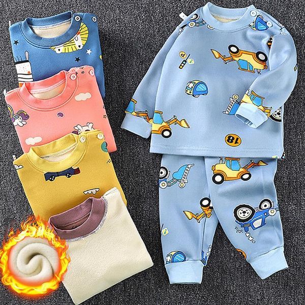 

autumn and winter thickened long sleeved girl clothes plus velvet children sets thermal underwear suit boys cartoon pajamas, White