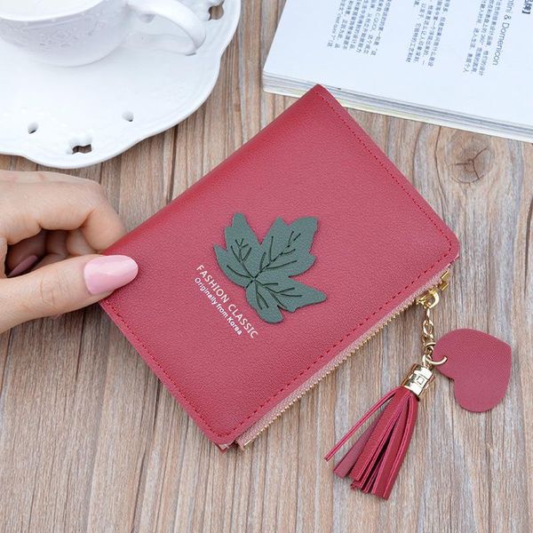 

wallets small wallet ladies short zipper leaf walllet korean school student girl mini coin purse card holder for women, Red;black