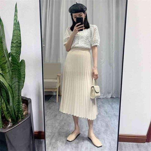 

summer elastic high waist was thin sweet solid color pleated skirt all-match casual women long 210527, Black