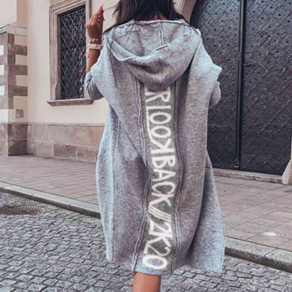 

women's jackets mulheres inverno camisola de malha cardigan ponto aberto com capuz letras soltas blusas moda outono mulher casaco bolso, Black;brown