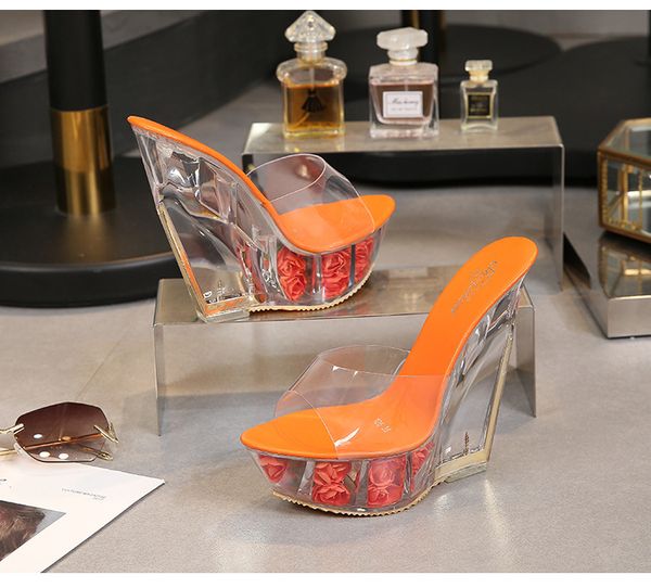 

hoksvzy super high heel cool slipper transparent special-shaped crystal slipper waterproof platform 15cm wedges women sandal g6u5e44, Black