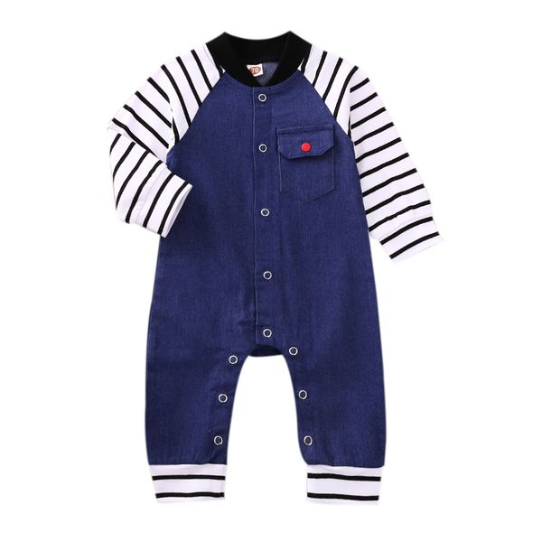 

0-12months newborn infant baby boy girls loose jumpsuit babies dark blue stripe pattern long sleeve round collar one-piece, White