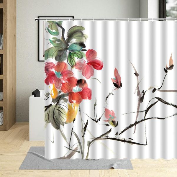 Cortinas de chuveiro em estilo chinês aquarelas de flores decoração cortina linda arte floral poster banheiro à prova d'água com 12 ganchos