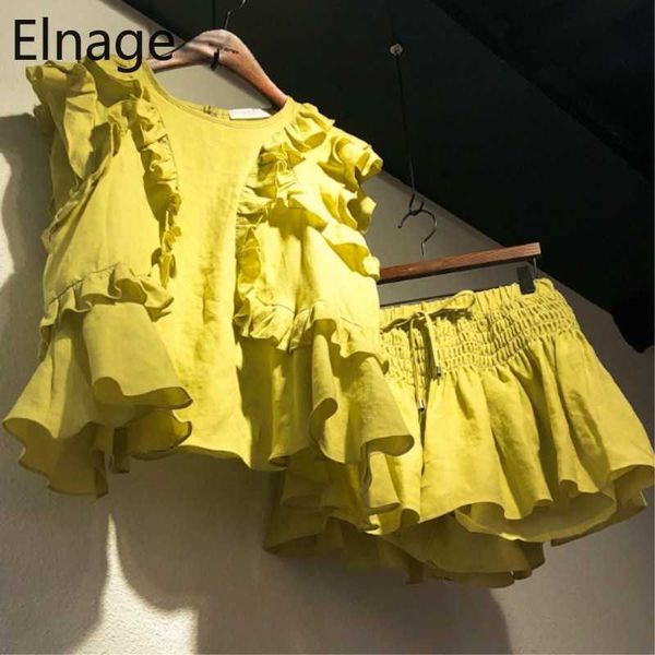 

women 2 shorts set ruffle cotton shirts petal sleeve and wide leg drawstring shorts yellow white yellow 2 piece set 210610
