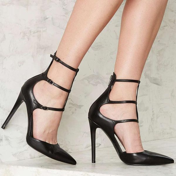 

moraima snc pointed toe high heel shoes black leather ankle strap woman sandal cutouts gladiator sandals