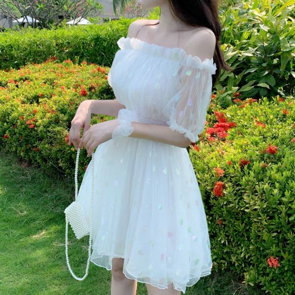 

dresses white fairy women elegant off shoulder sequin party mini female casual japan style kawaii summer d4bu, Black;gray