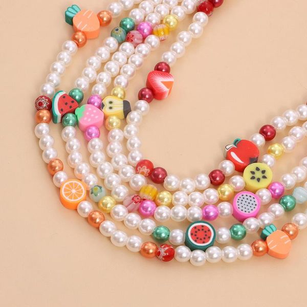 

chokers trend simulated pearl strand beaded chain choker necklaces women's soft pottery fruit spacer bead short collar jewelry, Golden;silver