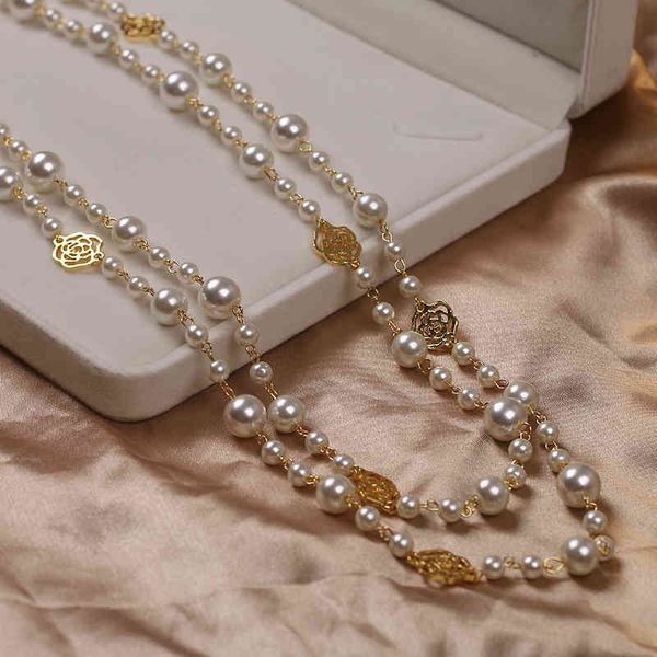 

necklaces pendants long camellia pearl for women double layer collane lunghe donna rose flower maxi sweater chain, Silver