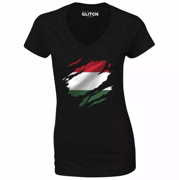 

Torn Hungary Flag Women's V-Neck Hungarian Budapest Country national football, White;black