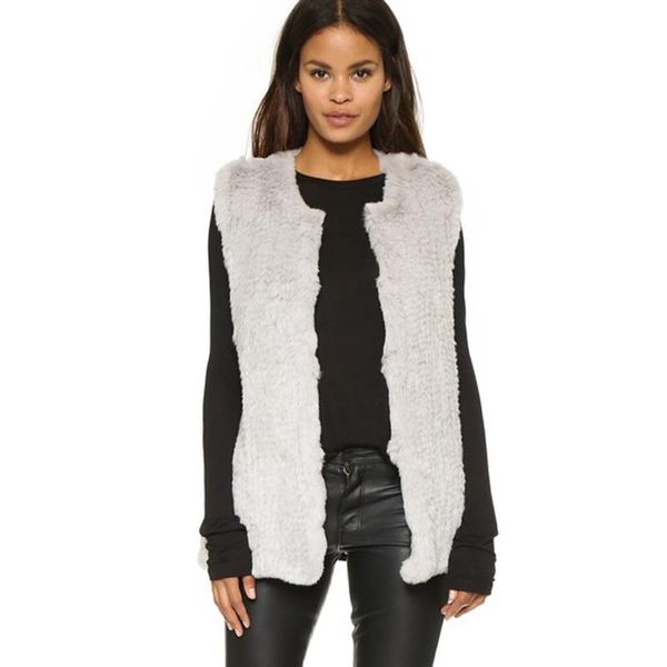 

women's fur & faux au309 china real making clothes factory o neck hand knit sleeveless coat, Black