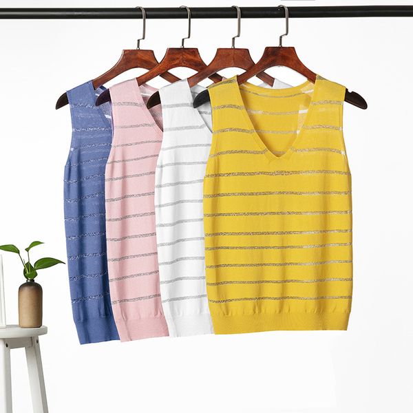 

bright silk striped knitted vest sweater women v-neck casual sleeveless pullovers female office lady 210520, White;black