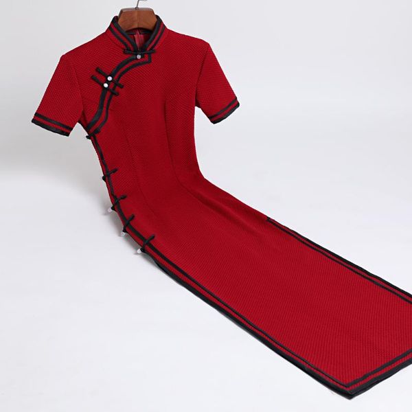 

burgundy chinese style spring summer cheongsam ancient short sleeve thigh-high slit dress evening banquet party ethnic clothing, Red