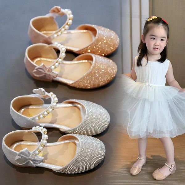 

flat shoes gold silver girls summer bowknot rhinestone sandal princess for wedding party dance performance 2-12t, Black;grey