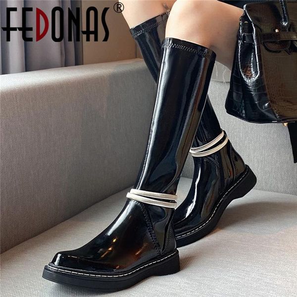 

boots fedonas patent leather stretch women knee-high autumn winter fashion concise casual low heels mid-calf shoes woman, Black