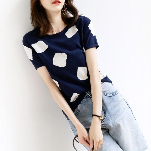 

summer cotton short sleeved t shirt women loose s-4xl all match big spot print round neck wear female tees women's t-shirt, White