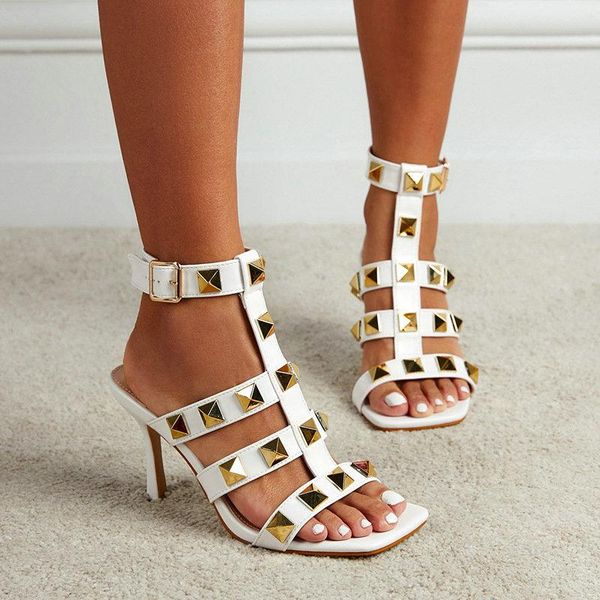 

dress shoes 2021 summer rivet high-heeled open-toe sandals women's hollow square toe with roman, Black