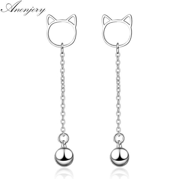 

stud anenjery cute fashion 925 sterling silver cat bell long tassel earrings for women christmas gift s-e675, Golden;silver