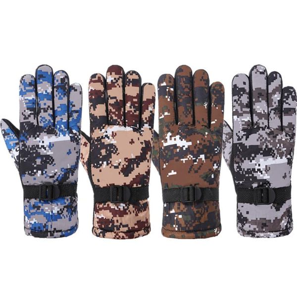 

ski gloves men winter waterproof thermal full finger thick plush lining camouflage print anti-slip palm adjustable snow