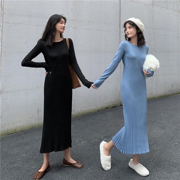 

casual dresses 2021 autumn winter vintage women long sleeve o neck slim knitted pleated midi sweater dress, Black;gray