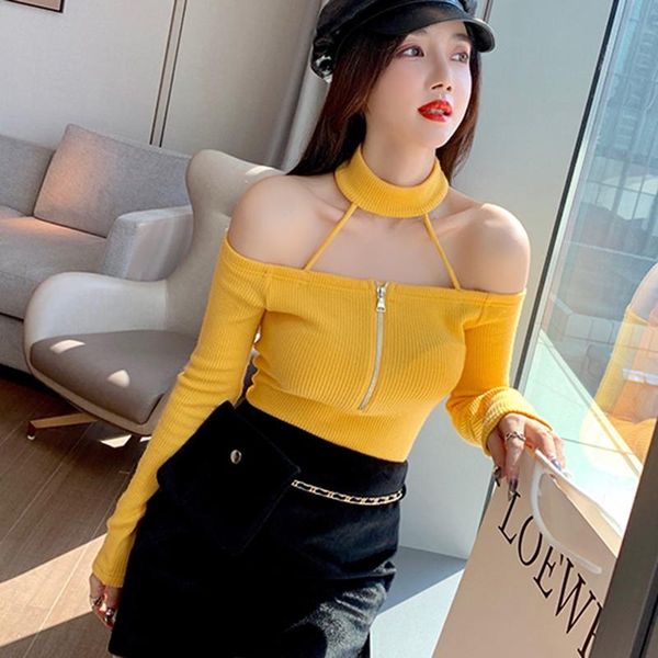 

women's t-shirt jlong spring halter women fashion solid color slim t-shirts knitted top, White