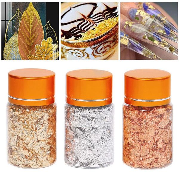 

3bottles universal home salon diy manicure tin foil portable confetti nail art leaf flake decorating party supplies irregular decorations, Silver;gold