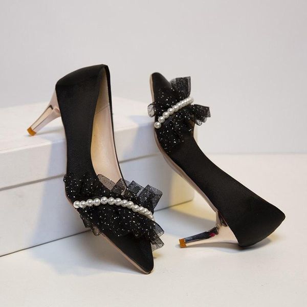 

kitten heels pearls lace women pumps sequins high wedding shoes female slingback dress, Black