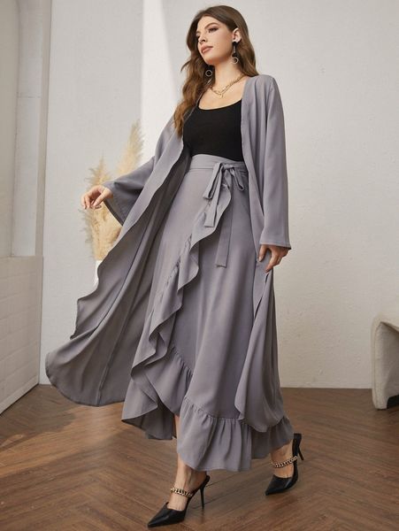 

open front coat & knot side ruffle trim wrap skirt e3oh#, White