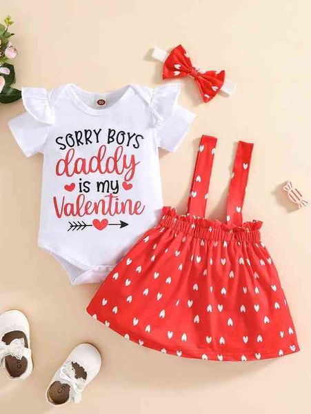 

baby ruffle trim bodysuit & heart print pinafore skirt with headband she, Blue