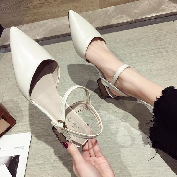 

dress shoes summer pointed toe cap shallow mouth roman sandals word buckle grandma hollow thick with high heels women, Black