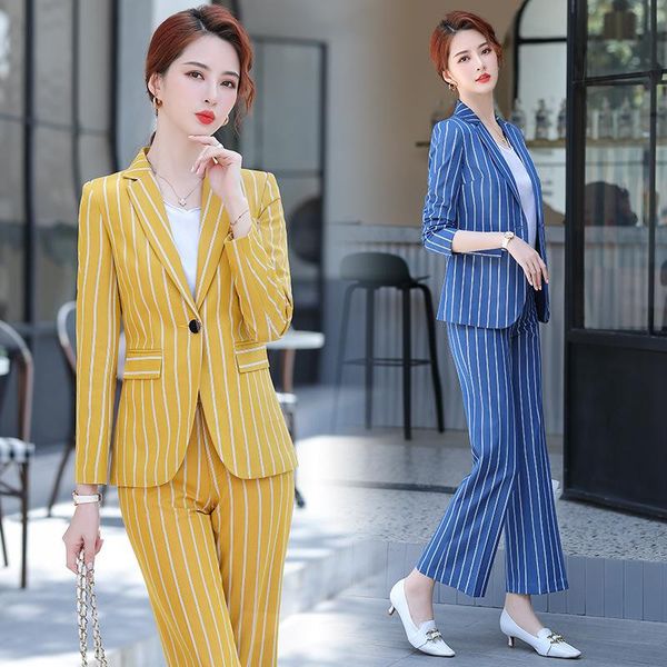 

style autumn winter yellow striped suit with pant uniform 2 pcs office women elegant business blazer and trouser set women's two piece, White
