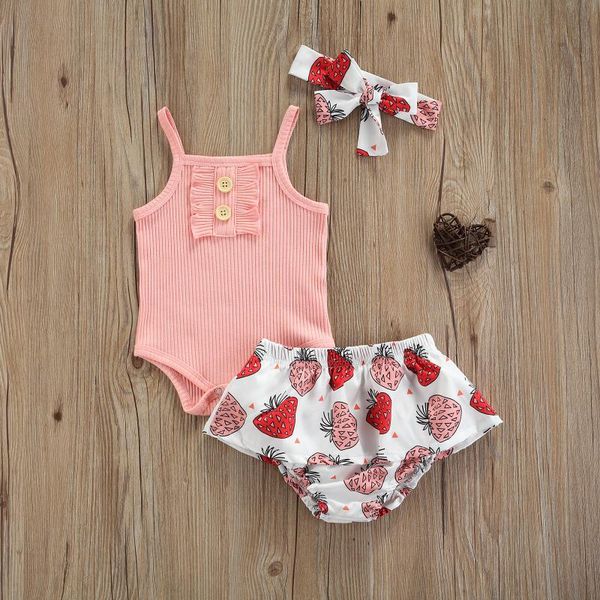 

clothing sets 3pcs born summer outfits baby girls solid color sleeveless square collar romper + printed ruffle shorts headband, White