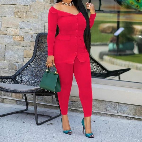 

two piece dress fall yellow long sleeve slash neck coat pants suit set solid women clothing office lady tracksuit outfit, White