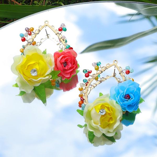 

hoop & huggie say hello bohemian pure handmade colorful beads charm leaf flower drop stud earring for women fashion fabric jewelry, Golden;silver