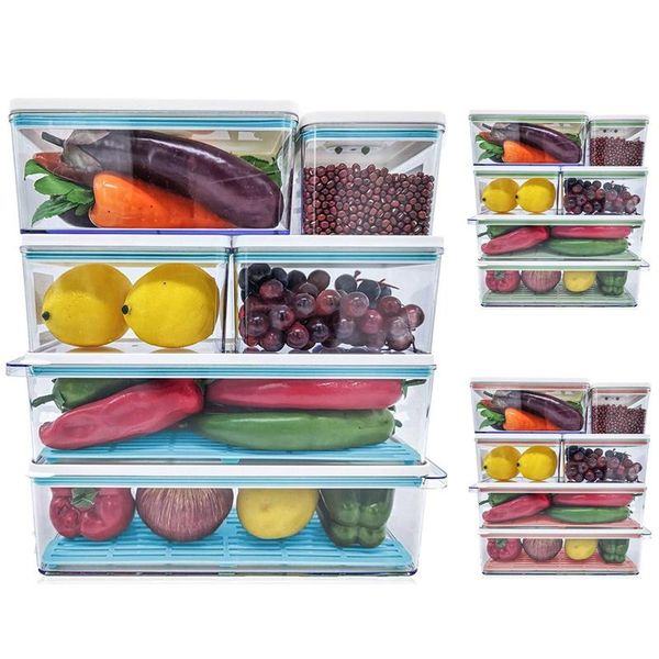 

storage bottles & jars 6 pack plastic stackable containers with vented lids and drain tray for refrigerator produce saver