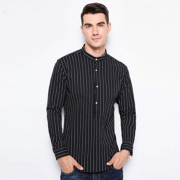 

men's casual shirts 2021 arrival men shirt fashion mandarin collar cotton stripes design slim fit long sleeves, White;black