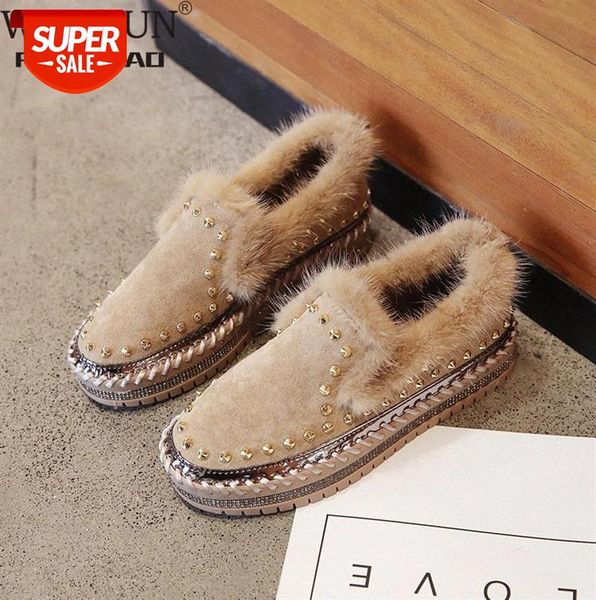 

2020 new spring women flat shoes fashion real fur rivet round-toe casual shoes ladies flats with loafer woman #vg8s