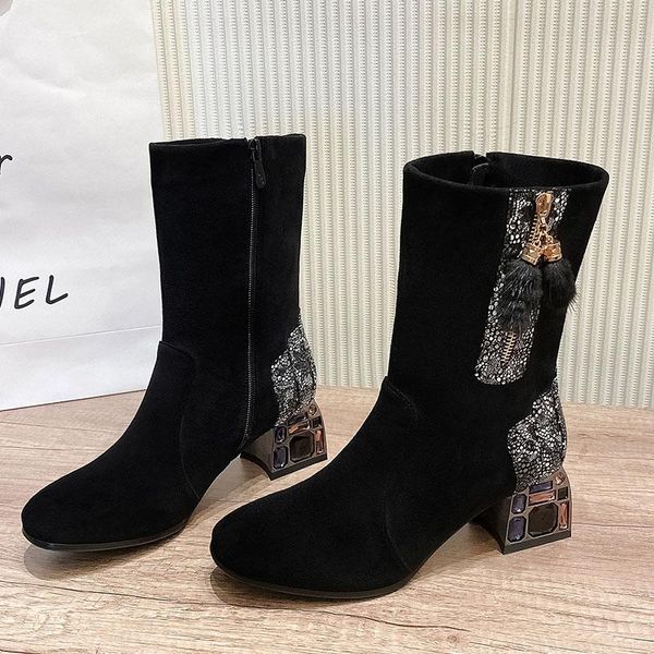 

boots women mid calf plus size 33 43 2021 winter fashion flock short plush med block heels crystal handmade black shoes