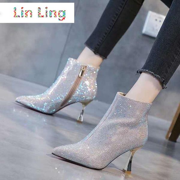 

boots rimocy shiny rhinestones high heels women's autumn pointed toe party wedding shoes woman beige black ankle