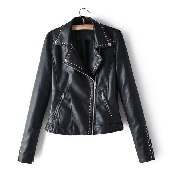 

women's leather & faux 2021 autumn jackets women long sleeve rivet decorate fashion coat motorcycle bike coats, Black