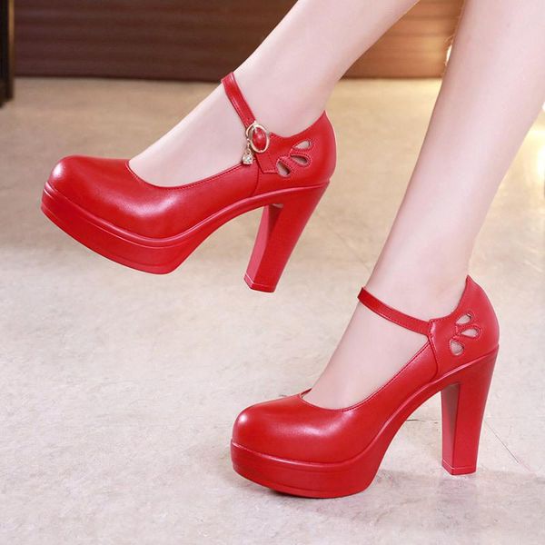 Cabeça redonda Sapatos de casamento vermelho grosso feminino super-salto alto plataforma à prova d'água com modelos Catwalk feminino vestido