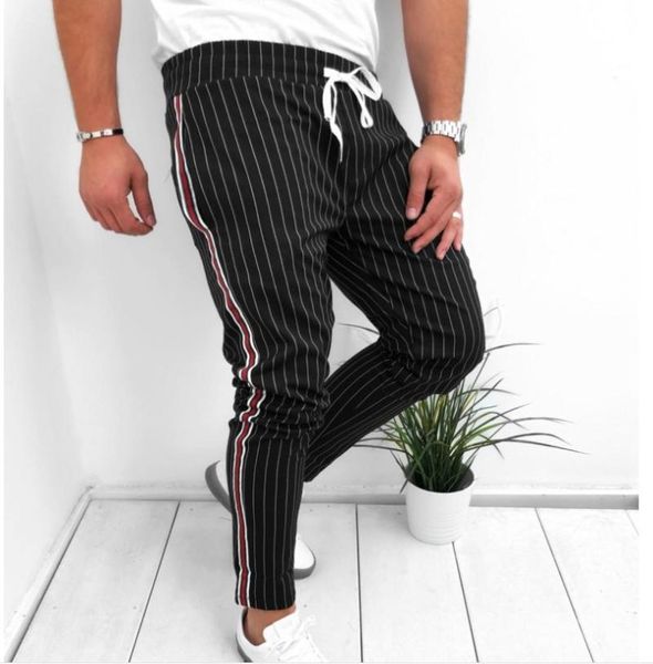 

striped casual pants men's patchwork side sweatpants men jogging mid waist drawstring pencil streetwear, Black
