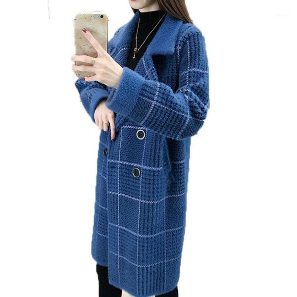 

women's wool & blends fashion faux mink fleece women woolen coat 2021 autumn winter suit collar double breasted casual knitting overcoa, Black