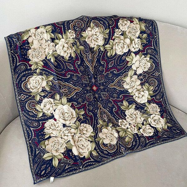 100% Twill Silk Scarf Vintage Flower Print Shawl Sand Wash Kerchief Stole 135cm