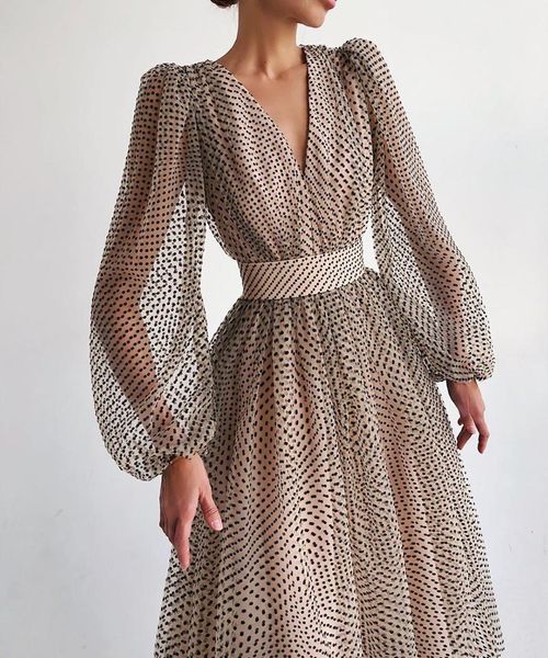 

elegant puff sleeve women dress ladies polka dot plus size autumn deep v neck long dresses for woman 2021 casual, Black;gray