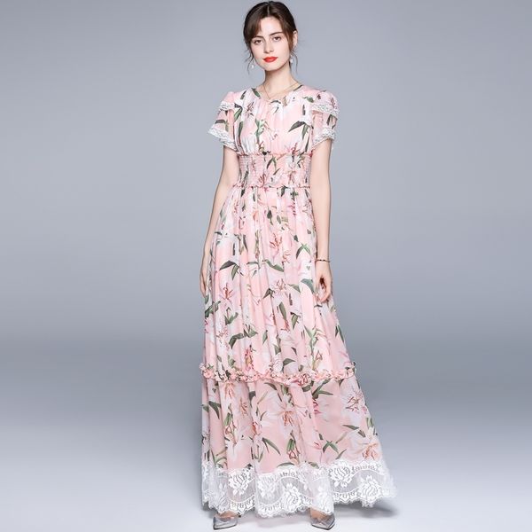 

banulin summer runway vacation maxi dress women short sleeve lace splicing floral print high elastic waist long 210603, Black;gray
