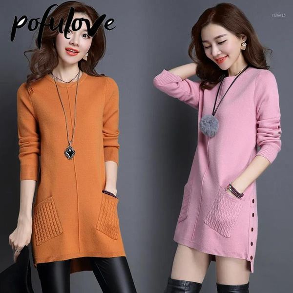 

women's sweaters sweater mid-length korean version loose pullover pure color long-sleeved knitwear trending autumn and winter top, White;black