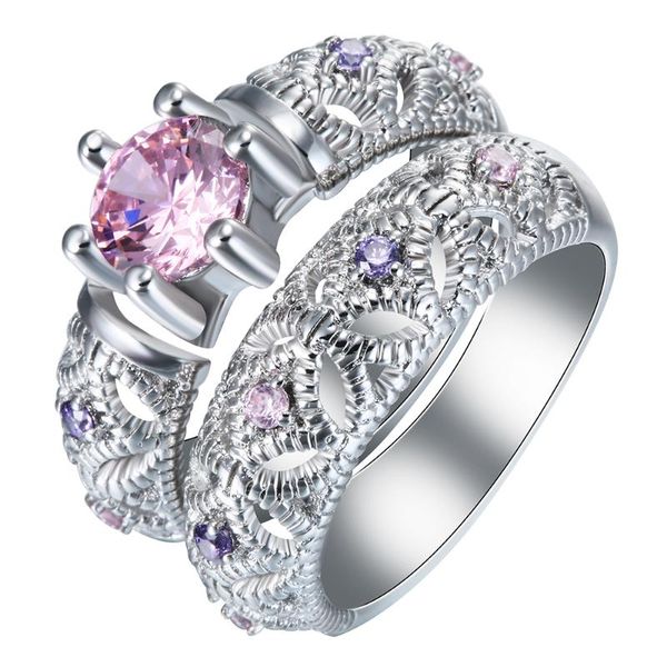 Anéis de casamento conjuntos de cores de prata jóias por atacado roxo vermelho rosa cz dedo misto misto presente princesa engajamento oco para mulheres