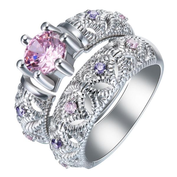 

wedding rings silver color sets jewelry wholesale purple red pink cz finger mixed lover gift princess hollow engagement for women, Slivery;golden