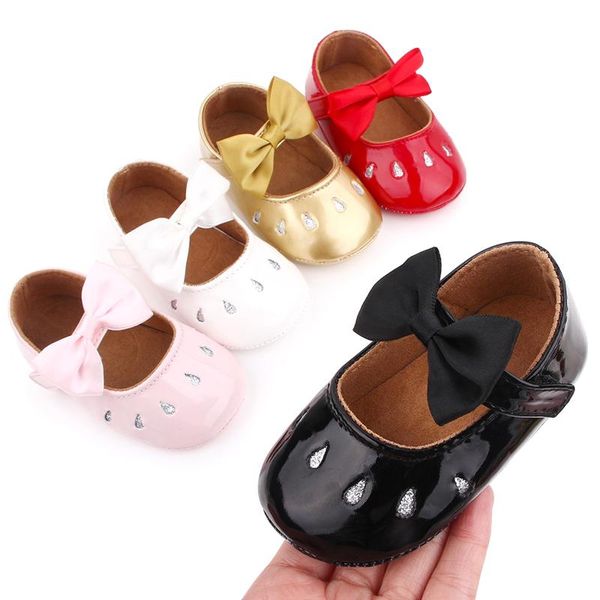 

baby girl princess dress shoes, shiny leather bowknot mary jane flats with non-slip soft sole first walkers